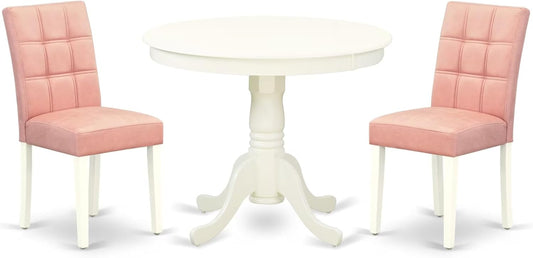 East West Furniture ANAS3-LWH-42 3 Piece Dining Table Set consists A Wood Table and 2 Beige Red Polyester Fabric Mid-Century Dining Chairs with Stylish Back- Linen White Finish