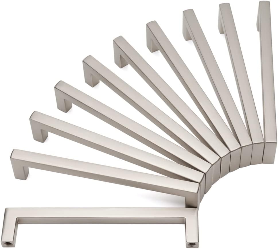 KOOFIZO Solid Square Bar Cabinet Handle - Brushed Nickel Furniture Pull, 5 Inch/128mm Screwhole Distance, 10-Pack for Kitchen Cupboard Door, Bedroom Dresser Drawer, Bathroom Wardrobe Hardware