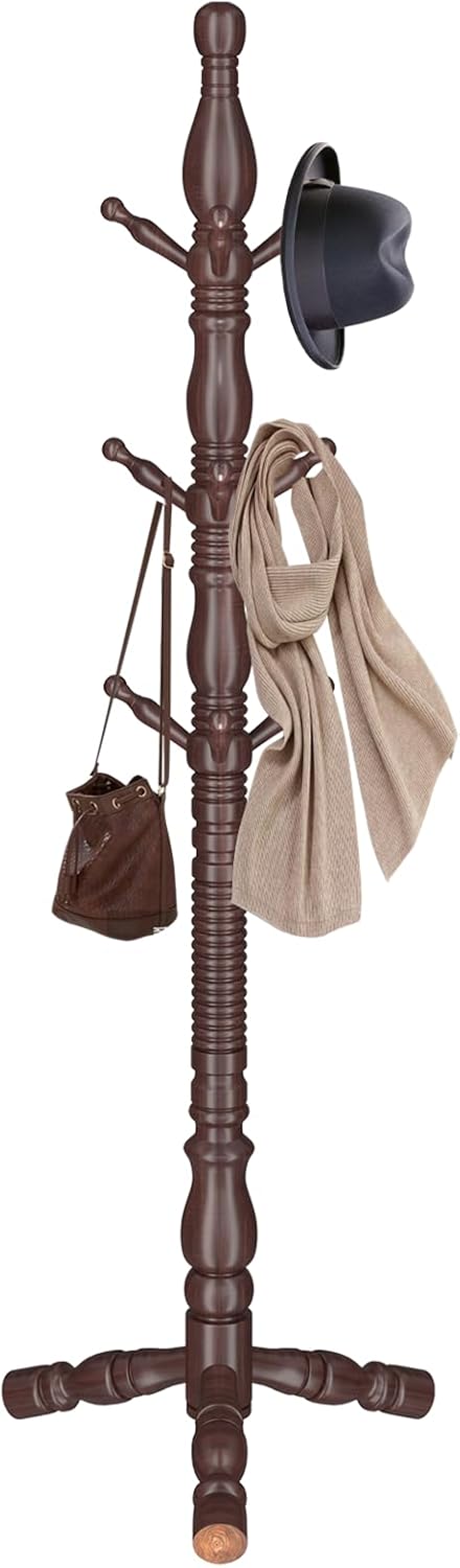 Wooden Coat Rack Stand, Vintage Wood Coat Rack Freestanding with Sturdy Triangle Base,Classic Coat Racks with 9 Hooks, Natural Birch Wood Entryway Coat Hall Tree Hanger Stand