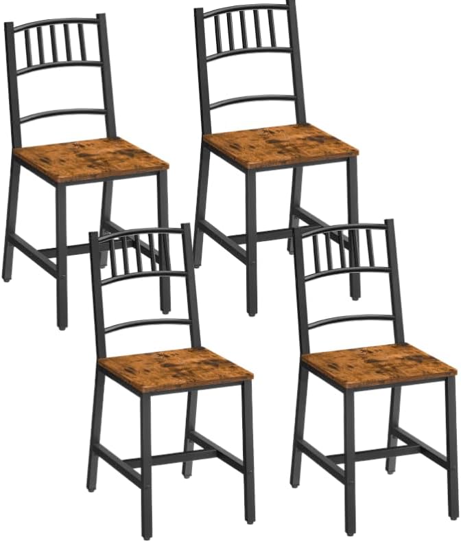 HOOBRO Kitchen Chairs Set of 4, Wooden Dining Room Chairs with Metal Frame, Dining Chair with Back, Easy to Assemble, Farmhouse Dining Chair for Living Room, Rustic Brown and Black BF39CDP401