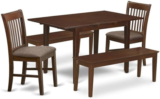 East West Furniture PSNO5C-MAH-C 5 Piece Dinette Set Includes a Rectangle Dining Room Table with Butterfly Leaf and 2 Linen Fabric Dining Chairs with 2 Benches, 32x60 Inch, Mahogany