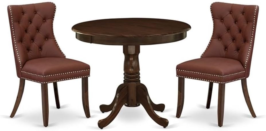 East West Furniture ANDA3-AWA-26 3 Piece Dining Set Includes a Round Kitchen Table with Pedestal and 2 Polyester Fabric Upholstered Parson Chairs, 36x36 Inch, Antique Walnut