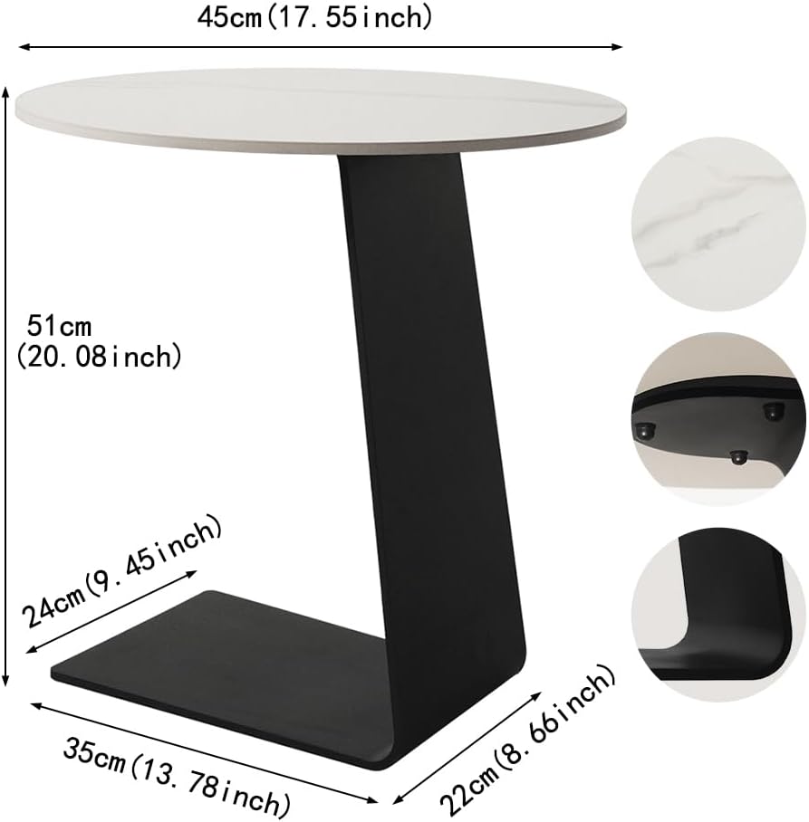 Side Table with Marble Top Metal Black C Shaped End Table Modern Sofa Side End Table Coffee Round Side Desk for Couch Living Room Bedroom