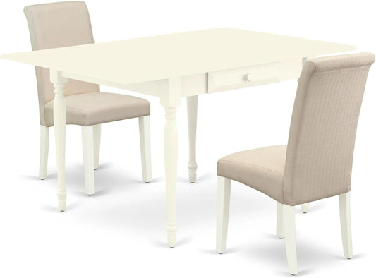 East West Furniture MZBA3-LWH-01 3 Piece Dining Room Table Set Contains a Rectangle Kitchen Table with Dropleaf and 2 Cream Linen Fabric Parson Dining Chairs, 36x54 Inch, Linen White