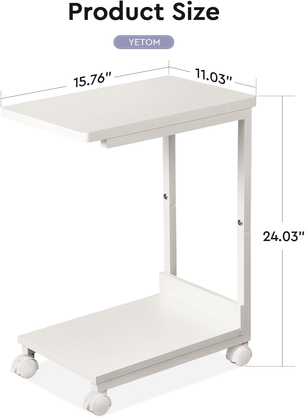 Side Table,C Table with 2-Tier Storage Shelf, End Table TV Tray with Metal Frame, Sofa Table with Wheels for Living Room, Bedroom, Office, Bathroom, Easy Assembly, White