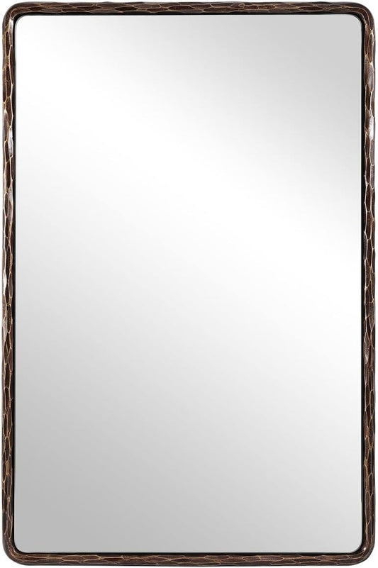 ANDY STAR Hand-Forged Bronze Bathroom Mirror for Wall, 24x36 Inch Vintage Solid Steel Metal Frame Bathroom Vanity Mirror, Antique Rounded Rectangle Wall Mirror, Hangs Horizontally or Vertically