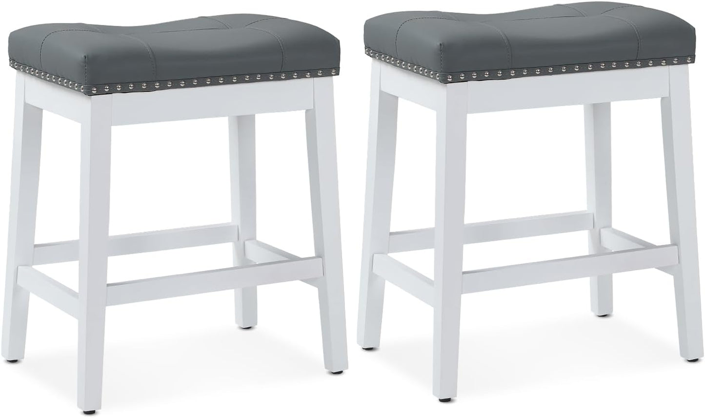Athena Collection Bar Stools Set of 2, 25 Inches Counter Height Bar Stools Backless with Footrest, Leather Upholstered Saddle Barstools with Nailhead Trim for Kitchen Island, Counter, Grey White