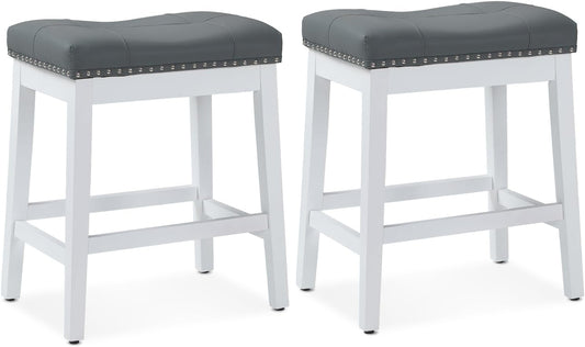 Athena Collection Bar Stools Set of 2, 25 Inches Counter Height Bar Stools Backless with Footrest, Leather Upholstered Saddle Barstools with Nailhead Trim for Kitchen Island, Counter, Grey White