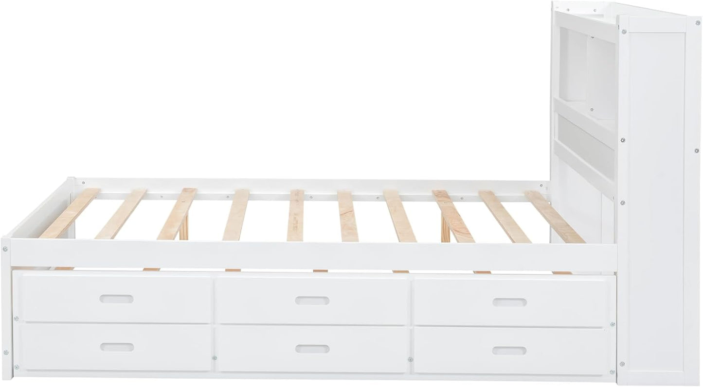 Full Size Pine Wood Platform Bed with Trundle,Drawers,2 Ports and 2 USB Plugs,Storage Bed with Pull Out Shelves,No Box Spring Needed,Perfect for Adults,Teens Bedroom Furniture,White