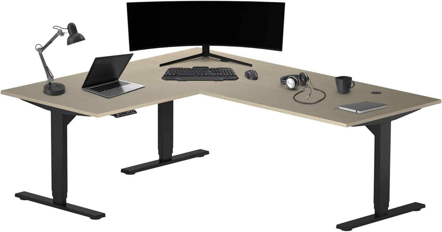 Progressive Desk Stand Up Height Adjustable Electric Standing Desk - L Shaped 60" x 72" Corner Computer Rising Workstation Table - Black Frame, Bright Beech Top