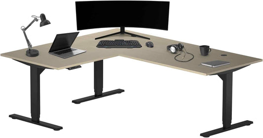 Progressive Desk Stand Up Height Adjustable Electric Standing Desk - L Shaped 60" x 72" Corner Computer Rising Workstation Table - Black Frame, Bright Beech Top