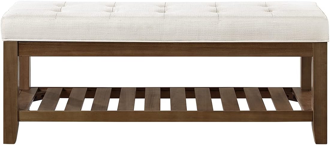 24KF Large Rectangular Upholstered Tufted Linen Ottoman Bench, Padded Bench with Solid Wood Shelf-Ivory