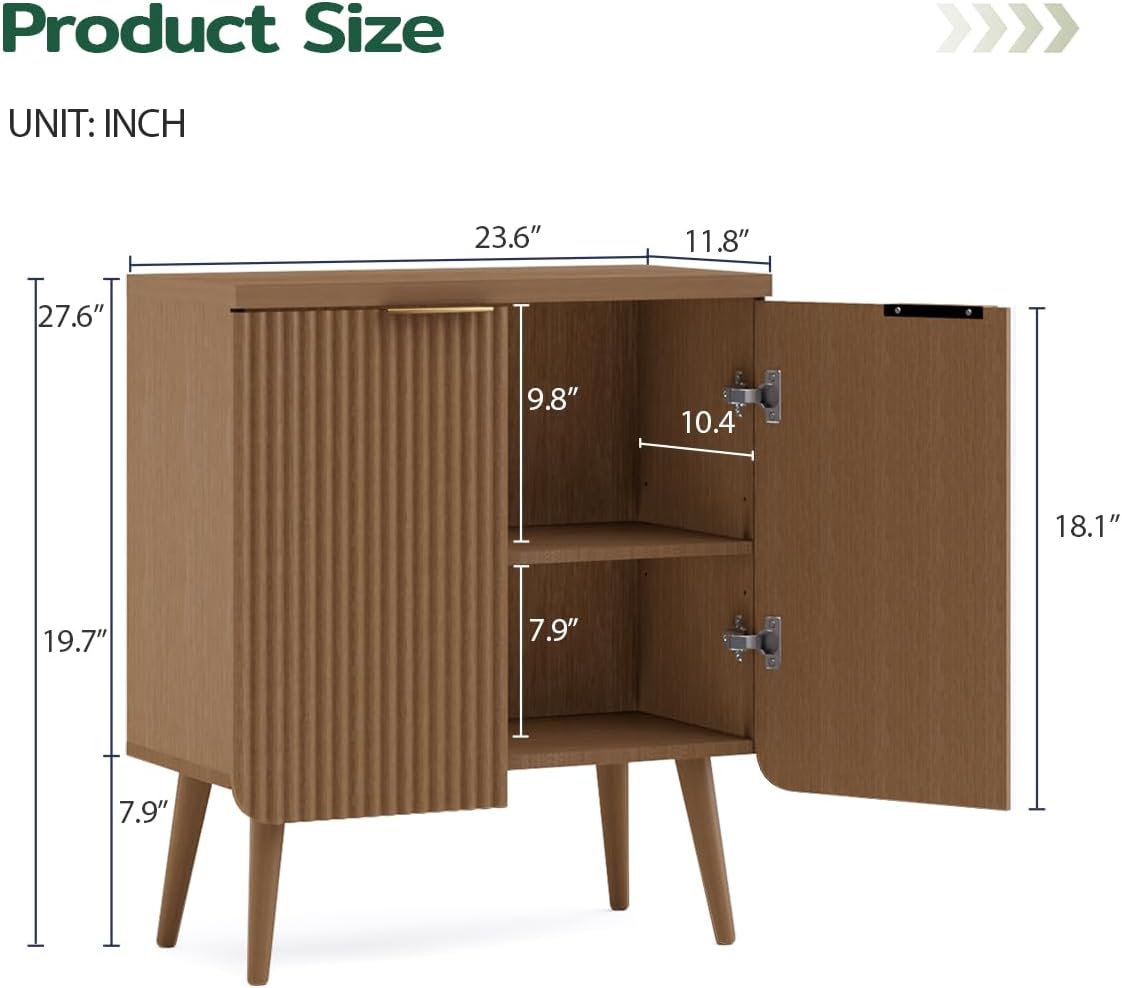 23.6" Sideboard Cabinet with 2 Doors, Modern Buffet Cabinet with Adjustable Shelf, Dining Room Sideboard, Fluted Buffet Sideboard for Living Room, Hallway, Entryway, Walnut