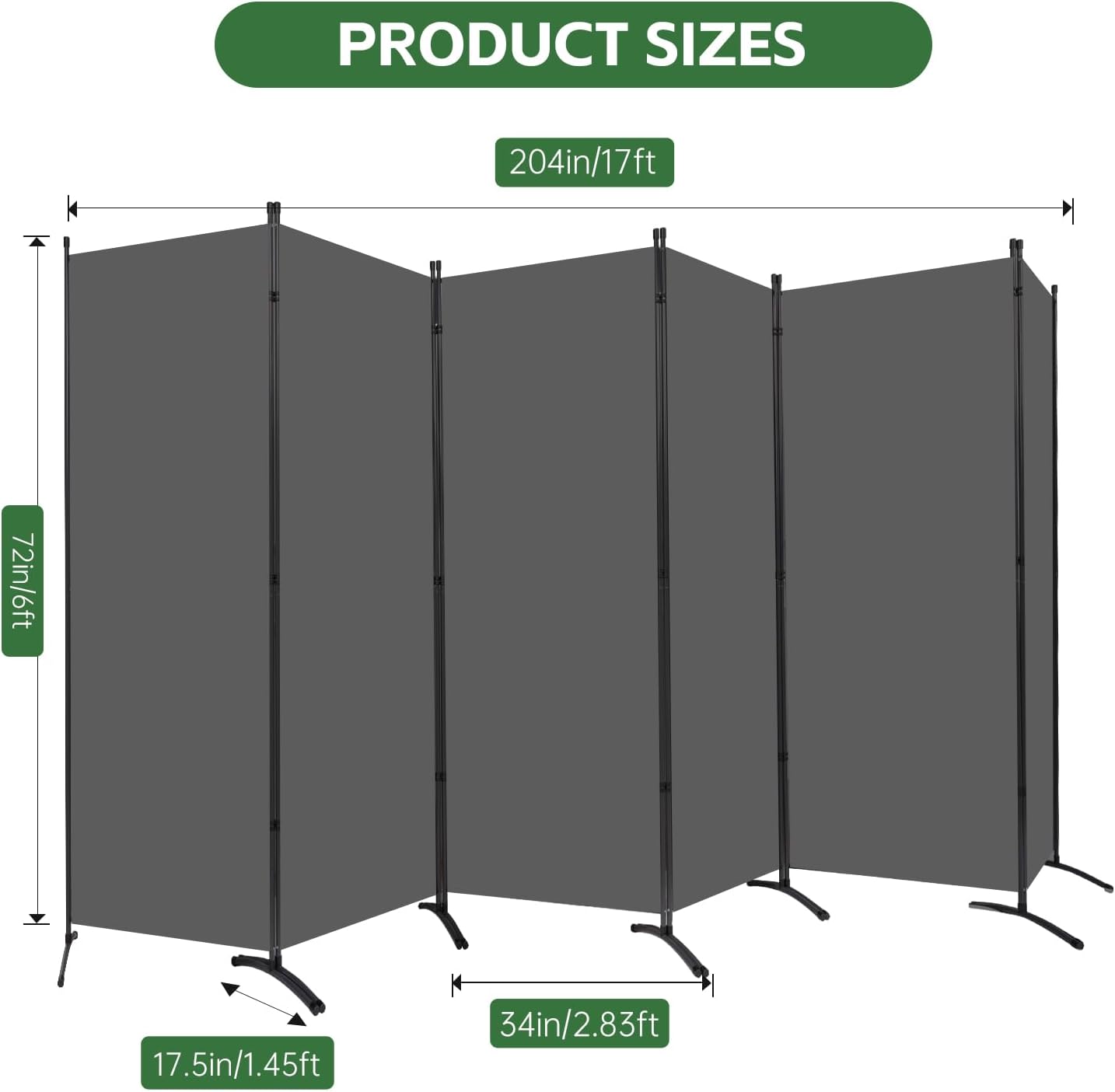 YASRKML Room Divider Folding Privacy Screens, Portable Room Divider Panel 6 Panel Partition Room Dividers Screen, Freestanding Room Partitions and Dividers Fabric Dividers for Room Separation, Grey