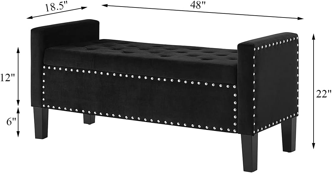 24KF Velvet Modern Upholstered Tufted Button Storage Bench with Arms for Bedroom,Entryway Living Room Soft Padded Seat-Black