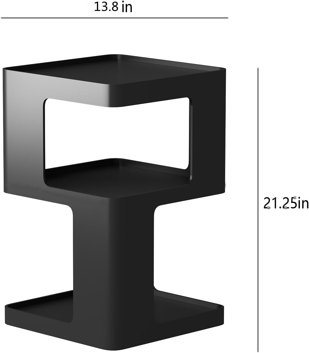 Black Side Table, Modern Nightstand Metal End Table for Living Room Bedroom,Square Bedside Table-3 Tier Storage,Not Assemble Required