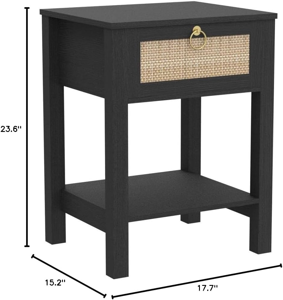 SICOTAS Rattan Nightstand Set of 2, Rattan Decor Drawer with Brass Knobs Night Stand Bedside Table Boho End Tables Side Tables with Storage Shelf for Bedroom,Small Space