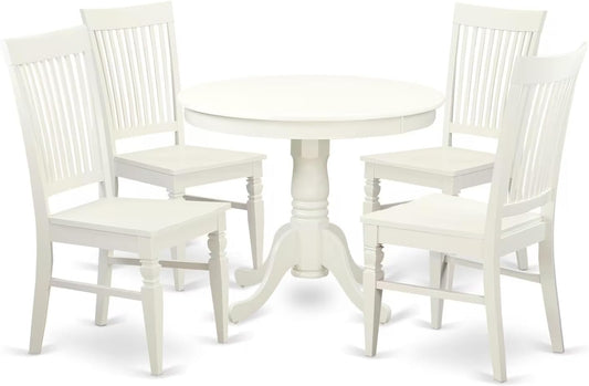 East West Furniture ANWE5-LWH-W 5 Piece Dining Room Table Set Includes a Round Kitchen Table with Pedestal and 4 Dining Chairs, 36x36 Inch, Linen White