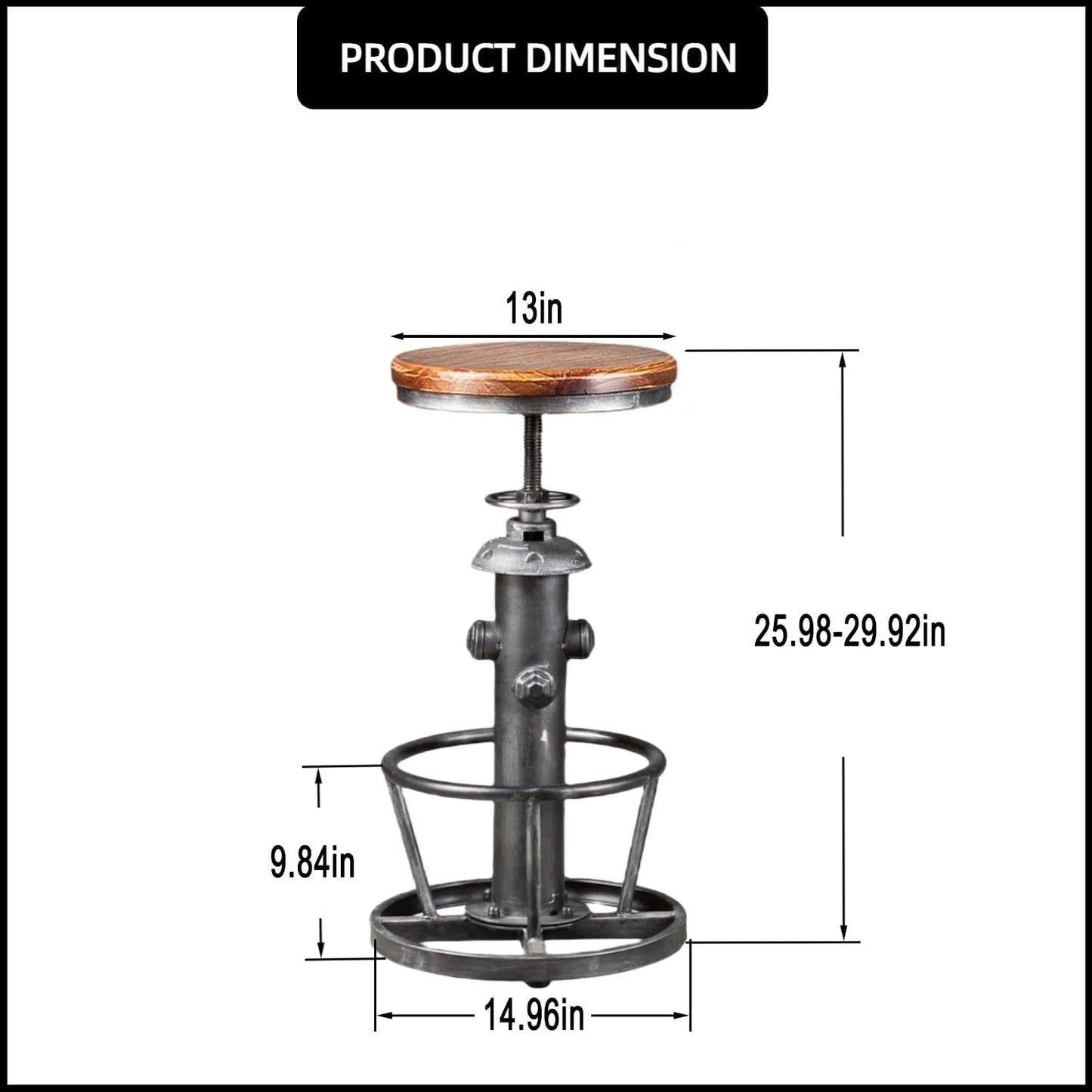 Swivel Bar Stool Industrial Coffee Kitchen Dining Chair Fire Hydrant Design Height Adjustable 24.8-30.7inch Wooden Seat
