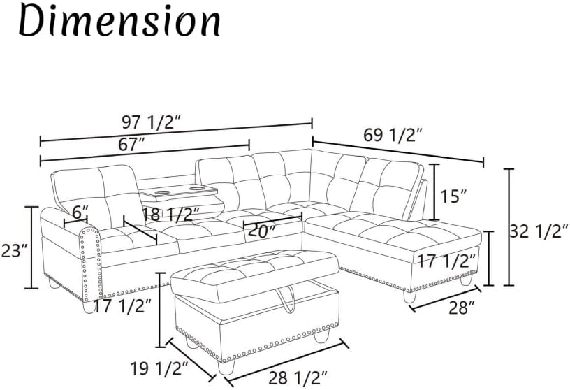Modern Living Room Furniture Sets with Cup Holder, Modular Sectional Couches with Chaise Lounge, 4-Seaters L Shape Sofa with Storage Ottoman, for Living Room, Faux Leather, Ginger