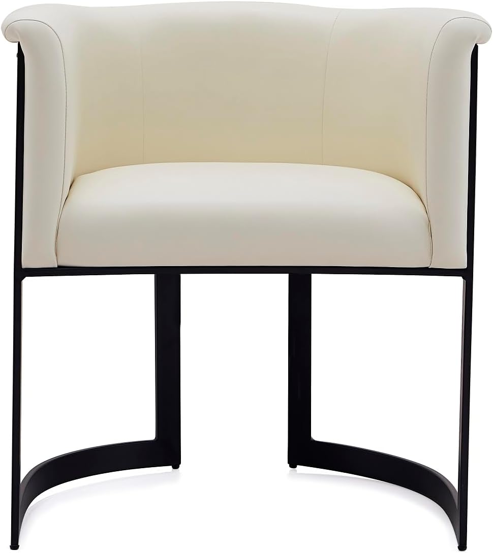 Manhattan Comfort Corso Faux Leather Upholstered Dining Chair, Barrel-Style Foam Padded Seat, Unique Geometric Metal Frame, Fully Assembled Accent Furniture, Cream