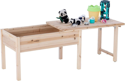 BIRASIL Wooden Kids Table with Storage, Sensory Tables with Folding Lid for Children, Elevated Activity Play Table for Indoor Outdoor, Natural Wood
