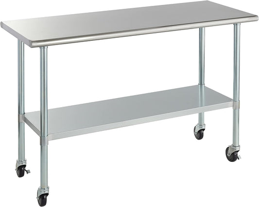 ROCKPOINT Stainless Steel Table for Prep & Work with Caster Wheels 24x60 Inches, NSF Metal Commercial Kitchen Heavy Duty Table with Adjustable Under Shelf and Table Foot for Restaurant, Home and Hotel