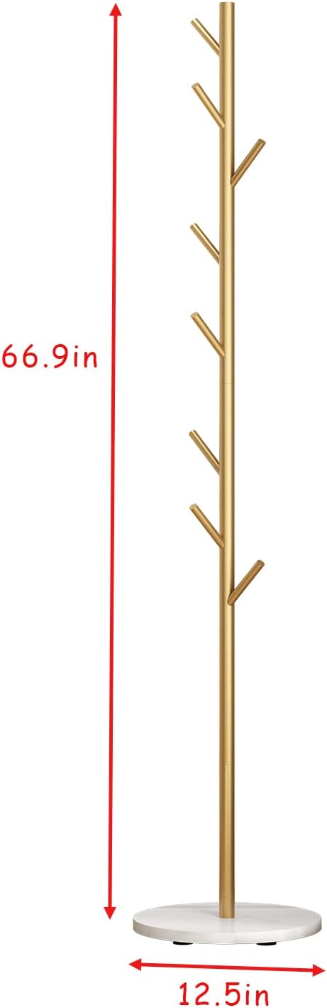 Gold Coat Racks, Metal Coat Rack Freestanding with Hooks, Entryway Coat Rack Stand, Coat Racks with Marble Base, Coat Tree for Hanging Clothes, Hats, Bags