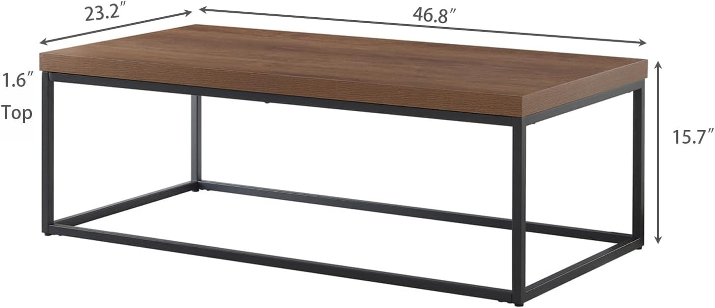 CENSI 47-Inch Dark Walnut Coffee Table for Living Room, Modern Industrial, Rectangular Wood and Metal Center Table with Extra Thick Tabletop (Dark Brown)