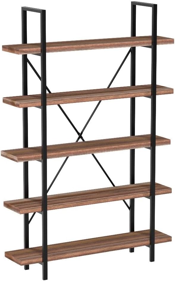 45MinST 5-Tier Vintage Industrial Style Bookcase/Metal and Wood Bookshelf Furniture for Collection,Vintage Brown, 3/4/5 Tier (5-Tier)