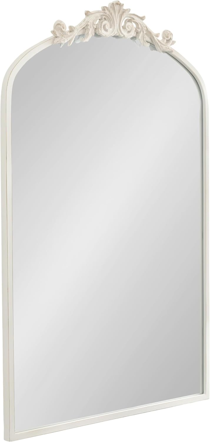 Kate and Laurel Arendahl Traditional Arch Wall Mirror; 24 x 36; Antique White; Vintage Glam Baroque-Inspired Arched Bathroom Vanity Mirror with Ornate Crown