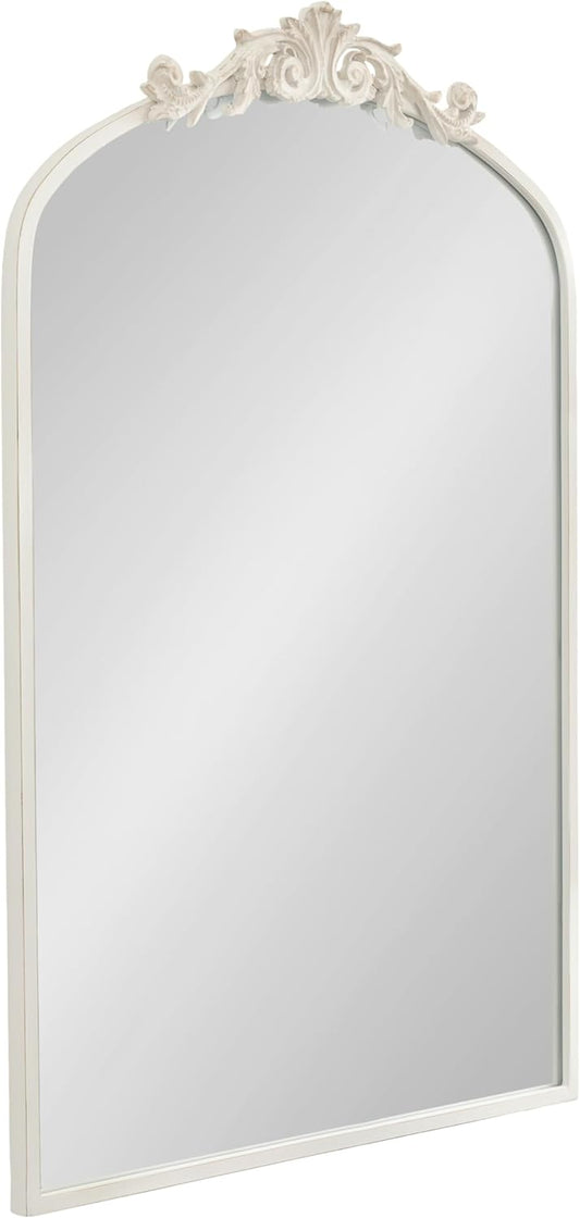 Kate and Laurel Arendahl Traditional Arch Wall Mirror; 24 x 36; Antique White; Vintage Glam Baroque-Inspired Arched Bathroom Vanity Mirror with Ornate Crown