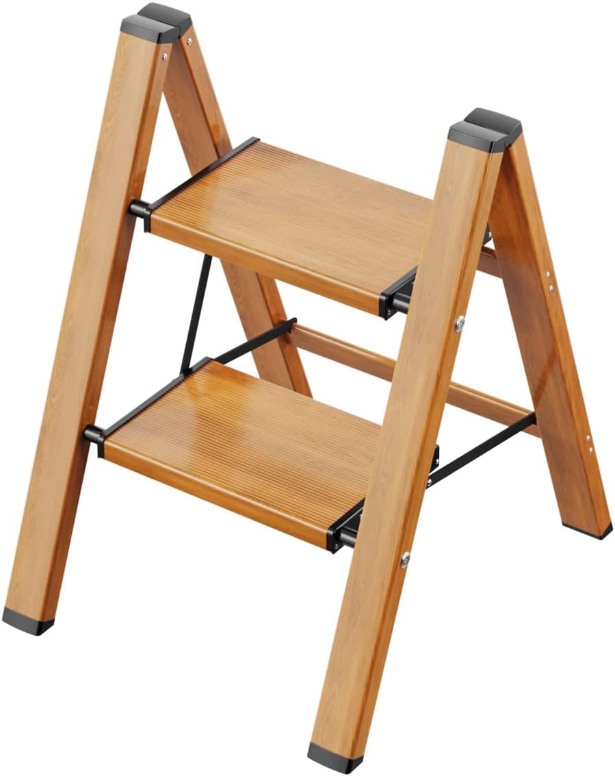 2 Step Ladder, Aluminum Lightweight Folding 2 Step Stool with Anti-Slip Wide Pedal,330lbs Capacity Steel Ladder for Household and Office(Woodgrain)