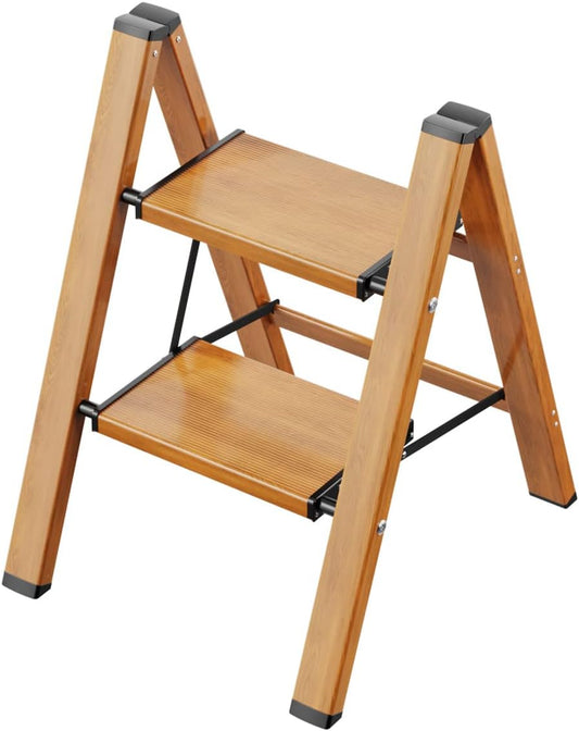 2 Step Ladder, Aluminum Lightweight Folding 2 Step Stool with Anti-Slip Wide Pedal,330lbs Capacity Steel Ladder for Household and Office(Woodgrain)