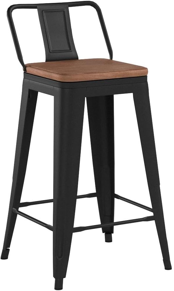 24 Inch Swivel Bar Stools Set of 4 with Backs Counter Height Industrial Metal Barstools Island Bar Chairs for Home Kitchen Dining Room (Swivel 24 inch,Matte Black Wooden)