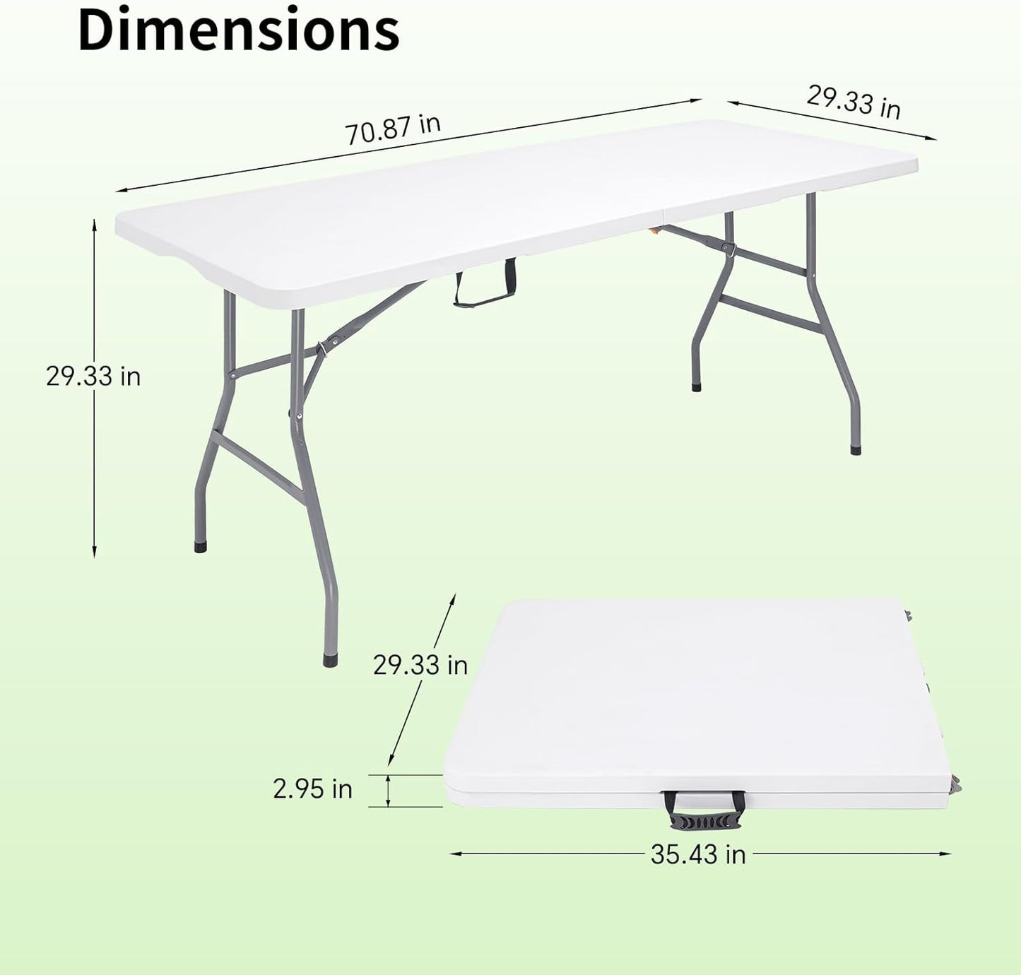 6 FT Folding Table for Indoor Outdoor, Portable Heavy Duty Folding Camping Tables for Eating, Fold-in-Half Plastic Dining Picnic Party Utility Card Table with Carrying Handle, 71x29 inch