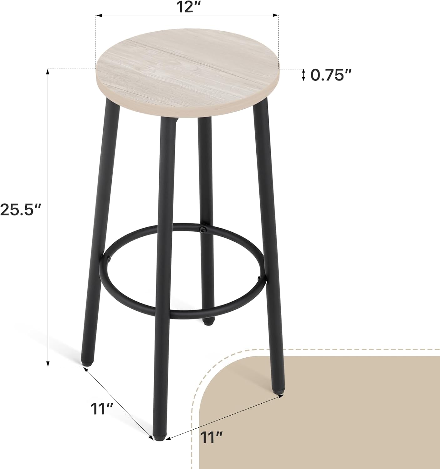 Athena Collection Bar Stools Set of 2, 25.5 Inches Round Counter Height Bar Stools Backless with Metal Legs and Footrest, Wood Barstools for Home, Kitchen Island, Counter, Grey
