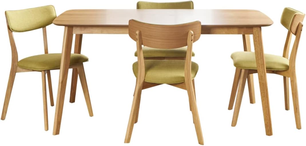 Christopher Knight Home Alma Mid-Century Wood Dining Set with Fabric Chairs, 5-Pcs Set, Natural Oak / Green Tea