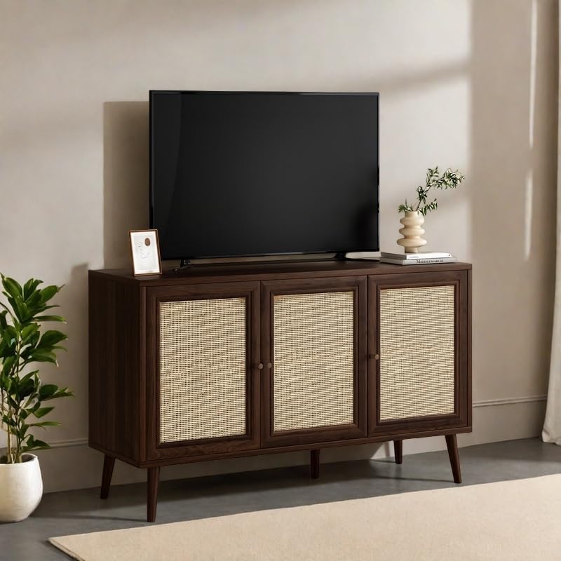 Rattan Entryway Table, Entertainment Center with Adjustable Shelf, Sideboard Buffet Cabinet with 3 Rattan Doors, Modern Console Cabinet with Large Storage for Living Room, Kitchen, Dark Brown