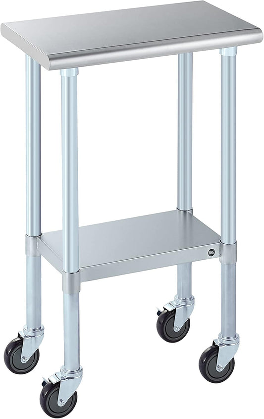 ROCKPOINT Stainless Steel Table for Prep & Work with Caster Wheels 14x24 Inches, NSF Metal Commercial Kitchen Heavy Duty Table with Adjustable Under Shelf and Table Foot for Restaurant, Home and Hotel