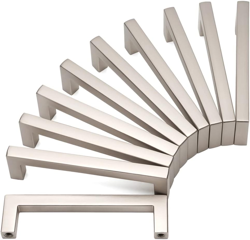 KOOFIZO Solid Square Bar Cabinet Handle - Brushed Nickel Furniture Pull, 3.8 Inch/96mm Screwhole Distance, 10-Pack for Kitchen Cupboard Door, Bedroom Dresser Drawer, Bathroom Wardrobe Hardware