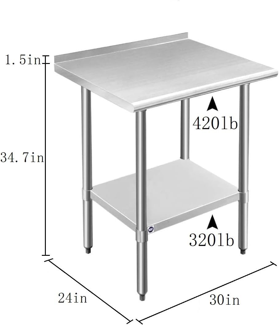 ROCKPOINT Stainless Steel Table for Prep & Work with Backsplash 24x30 Inches, NSF Metal Commercial Kitchen Heavy Duty Table with Adjustable Under Shelf and Table Foot for Restaurant, Home and Hotel