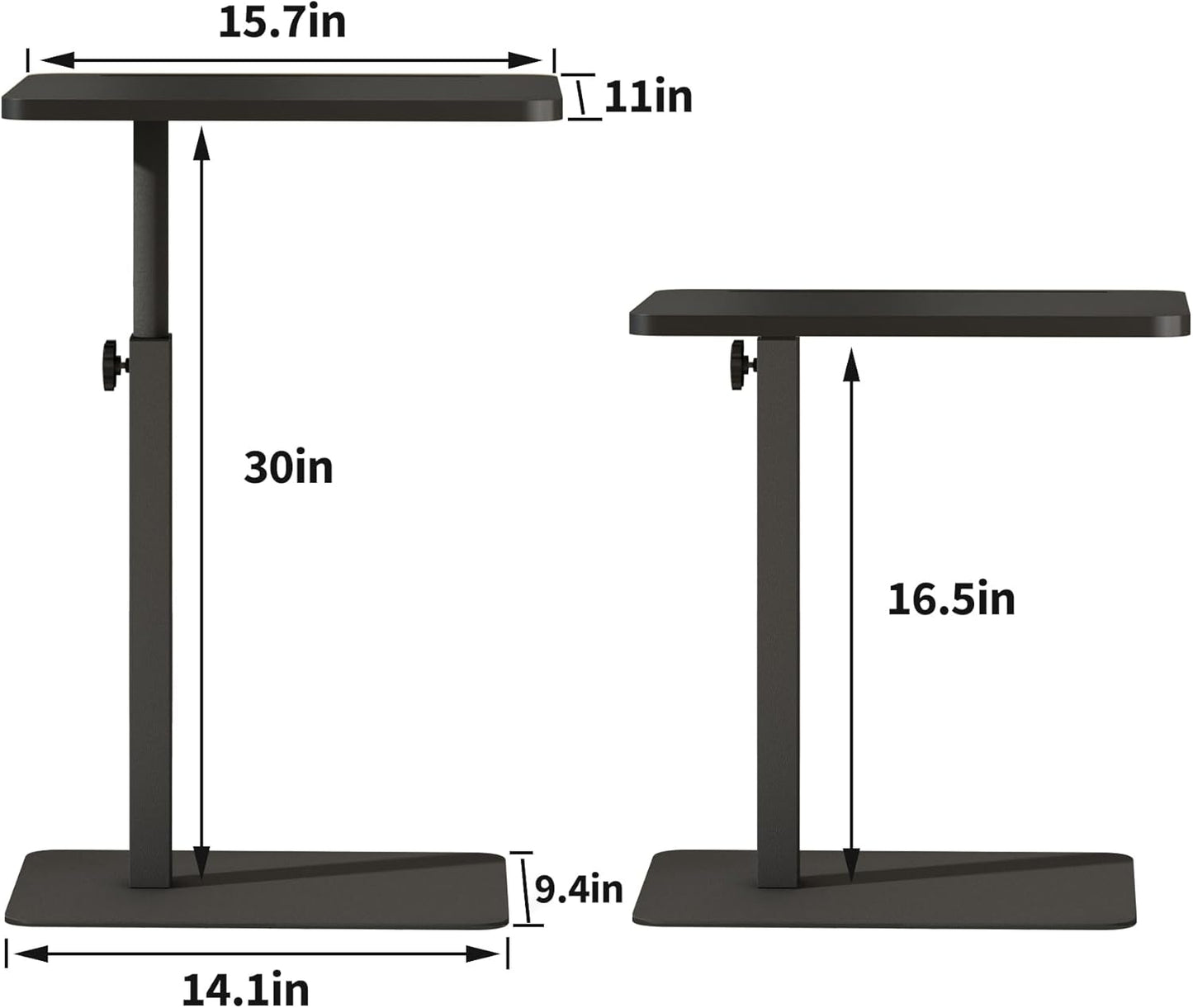 Forevich Bamboo Sofa Tray Table C Shaped Side End Table with Metal Base, Adjustable Height Swivel Snack Couch for Bed Small Spaces Living Room Black Table and Black Base