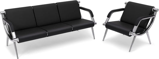 wonline 4 Seat Waiting Room Chair with Armrest PU Leather Office Furniture, Office Guest Seating Lobby Conference Reception Chairs for Airport Clinic Hospital Bank Salon Barber(Black)