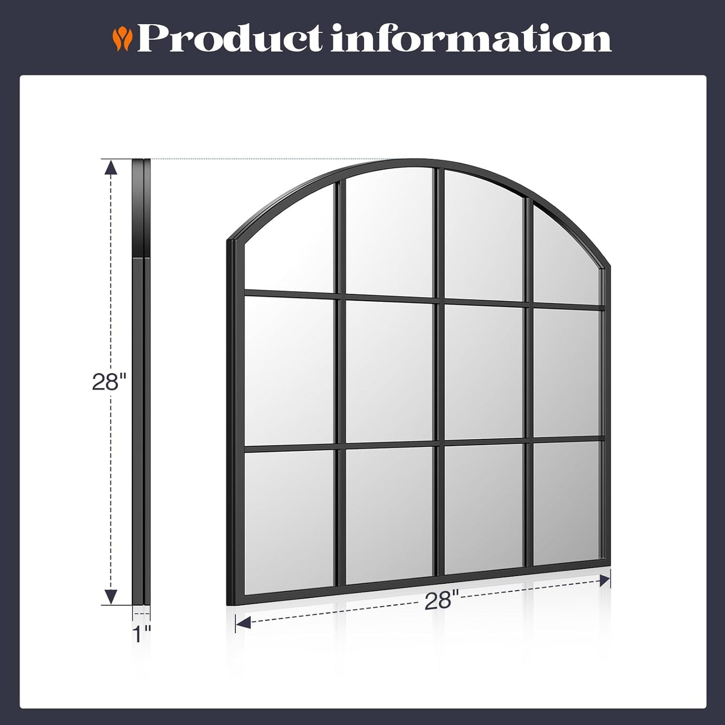 Wide Window Mirror, 28" x 28" Farmhouse Arched Wall Mirror, Rustic Windowpane Mirrors Large Grid for Living Room Bedroom Farmhouse Fireplace Hallway Entryway