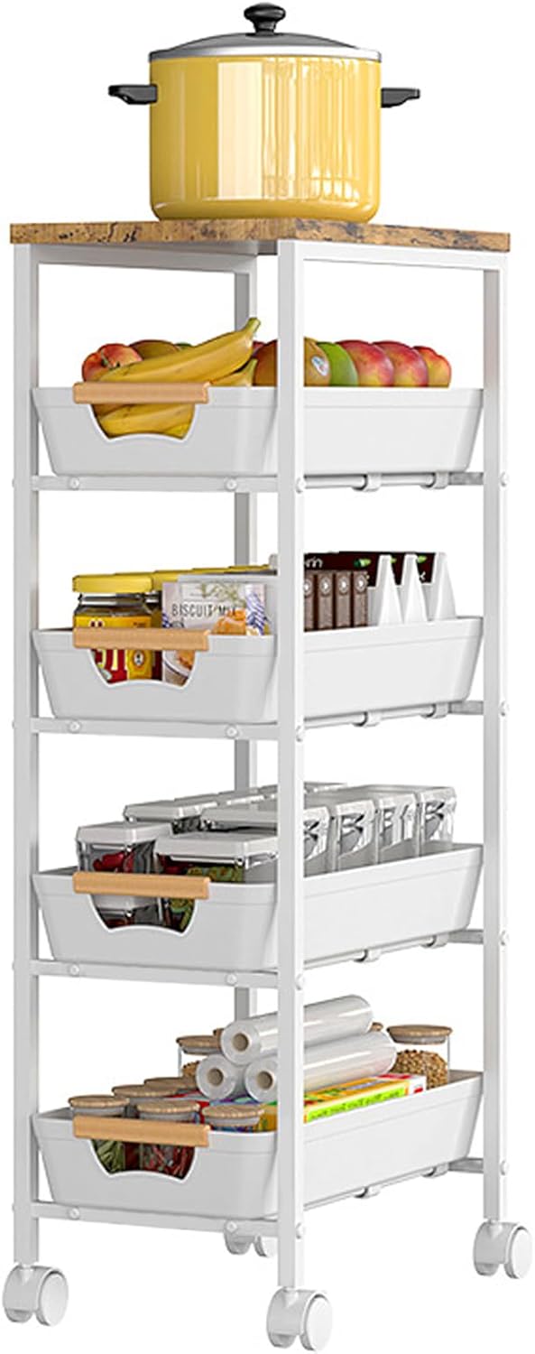 Aupekro 5-Tier Rolling Storage Cart with Wooden Top, Narrow Metal Kitchen Storage Cart, Versatile Mobile Shelving Unit Trolley, Pantry Utility Cart with Pull-Out Drawer (White)