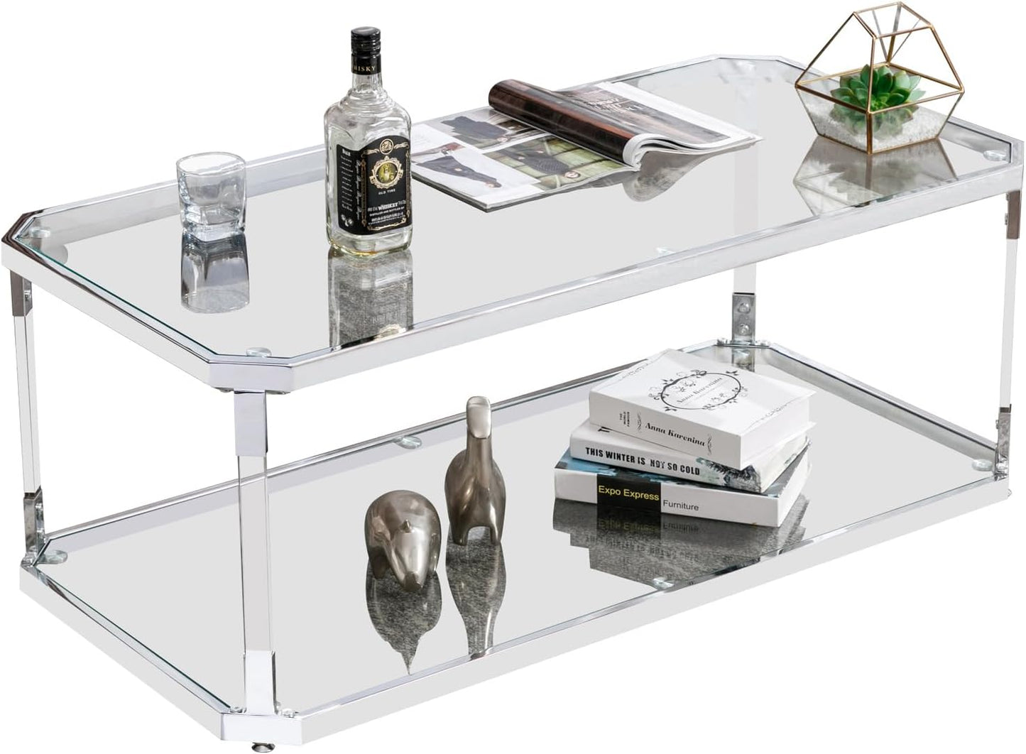 Glass Top Coffee Table, Sliver Rectangle Coffee Table Glass Top with 2 Tiers, Acrylic Leg, Chrome Frame, Modern Center Table for Living Room