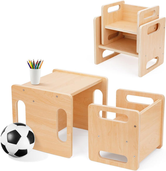 OOOK Montessori Weaning Table and Chair Set, Kids Activity Table and Chair Set with Fence for Read, Play Toys, Snack Time, Step Stool, 1-3 Year Old Kids Montessori Furniture
