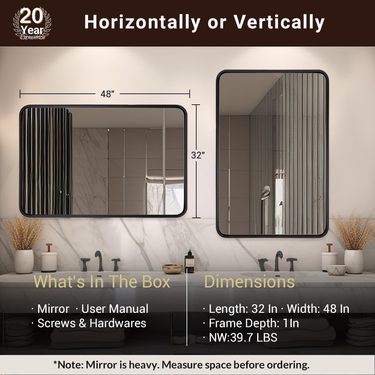 ANDY STAR 48X32 Inch Black Bathroom Mirror, Black Bathroom Vanity Mirrors for Wall, Rounded Rectangle Mirror for Bathroom, Seamless Tube Metal Frame, 1’’ Deep Wall Mounted Vertical/Horizontal