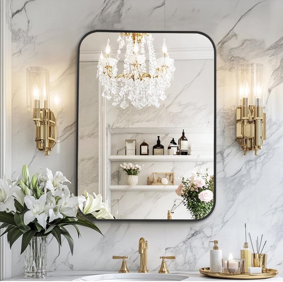 MZON 22x30 Inch Matte Black Bathroom Mirror, Rectangle Wall Mirror for Bathroom, Anti-Rust Frame & Tempered Glass, Hangs Horizontally/Vertically - Farmhouse, or Modern Bathroom Decor